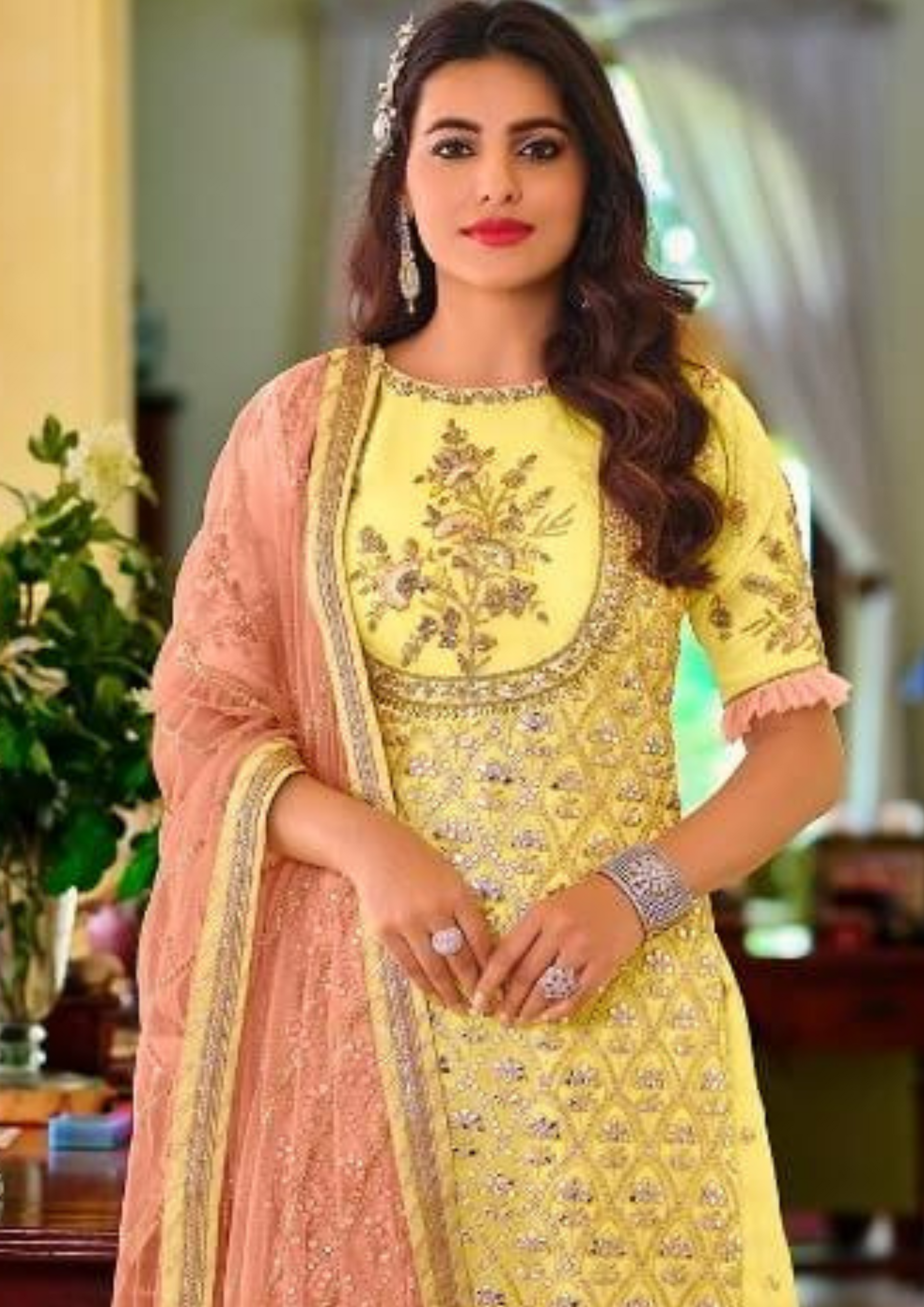 Pretty Yellow Color Fancy Embroidery Palazzo Suits Near Me