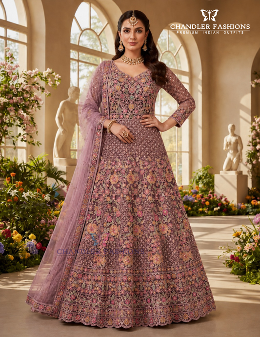 Elegant Purple Color Georgette With Embroidery And Sequins  Work Anarkali Gown