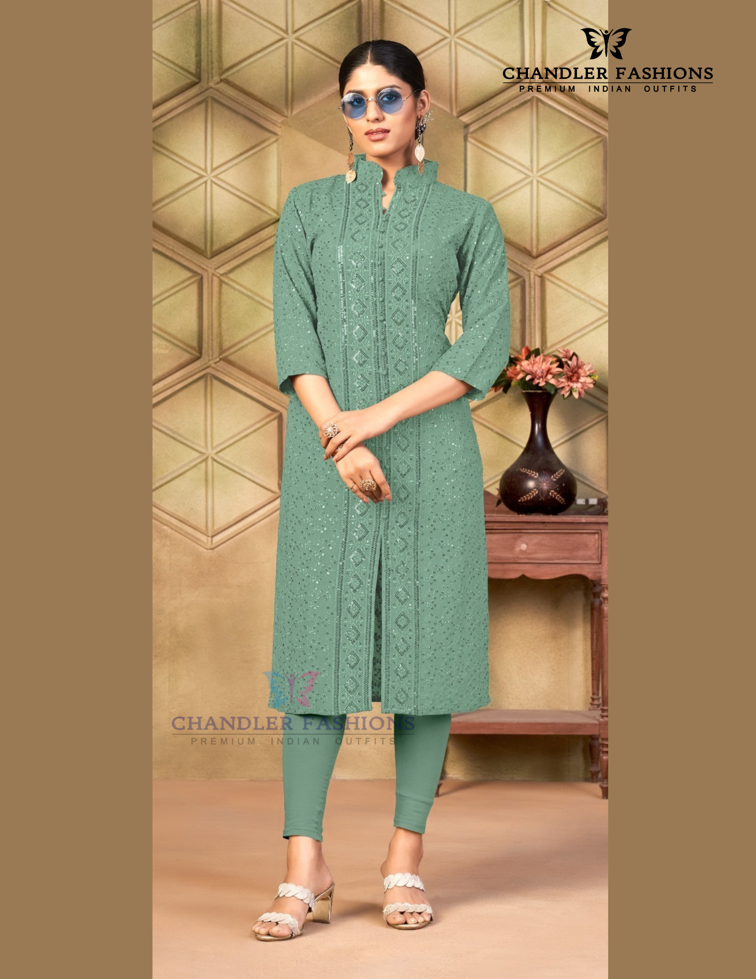 Wonderful Sea Green Color Rayon With Chikankari And Sequins Work Kurti For Women