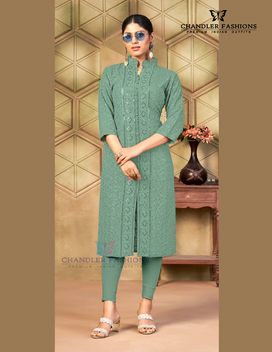Wonderful Sea Green Color Rayon With Chikankari And Sequins Work Kurti For Women
