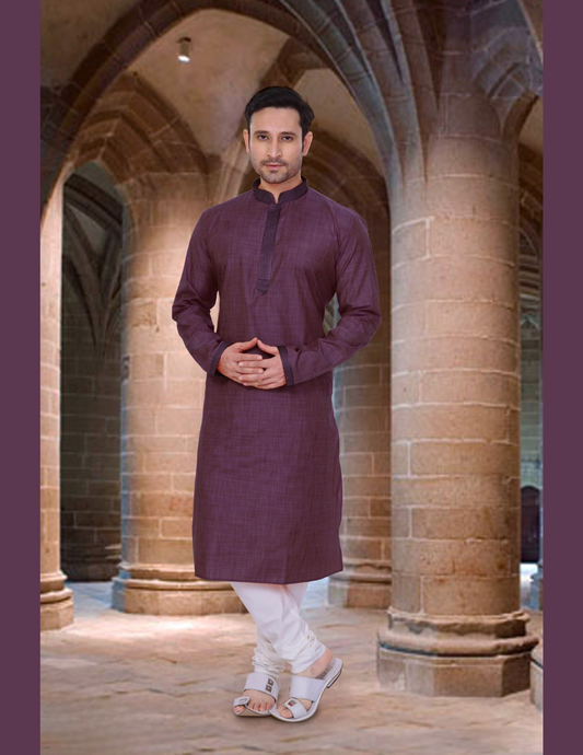 Pretty Purple Color Poly Cotton Lace Embroidery Work Kurta Pajama Set For Men