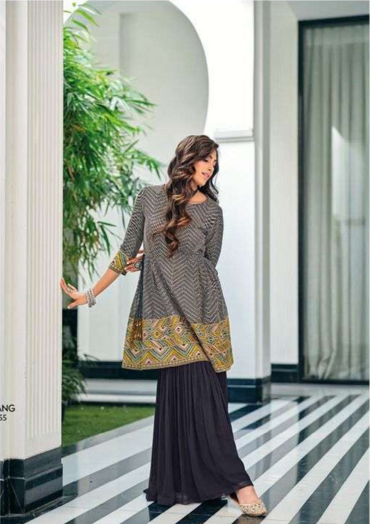Alluring Blue And Grey Color Embroidery Work Kurti Suits With Palazzo Pants