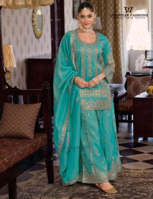 Gorgeous Teal Green Color Shimmer Palazzo Suits With Embroidery Work For Women