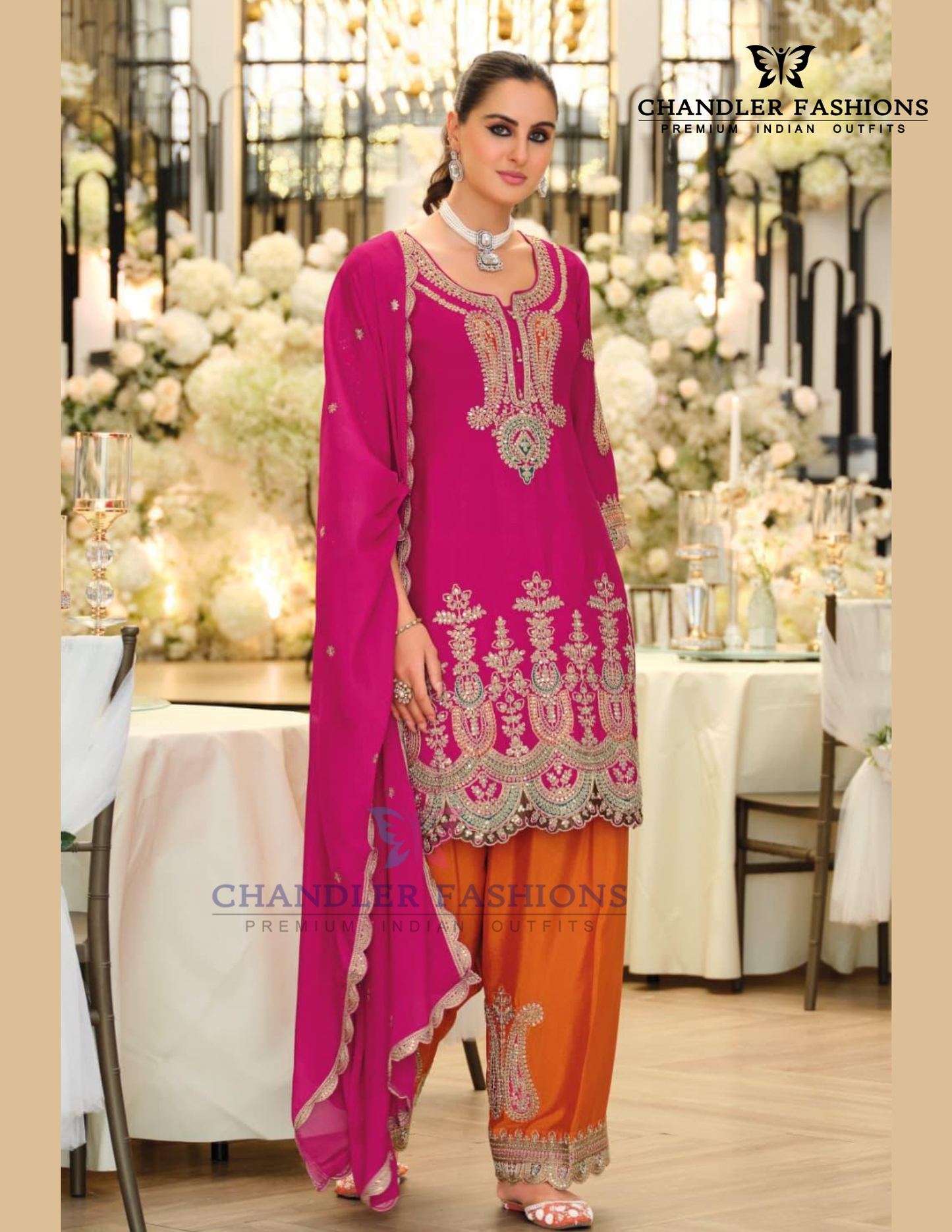 Pink Color Chinon With Embroidery Work Palazzo Suits And Dupatta Near Me