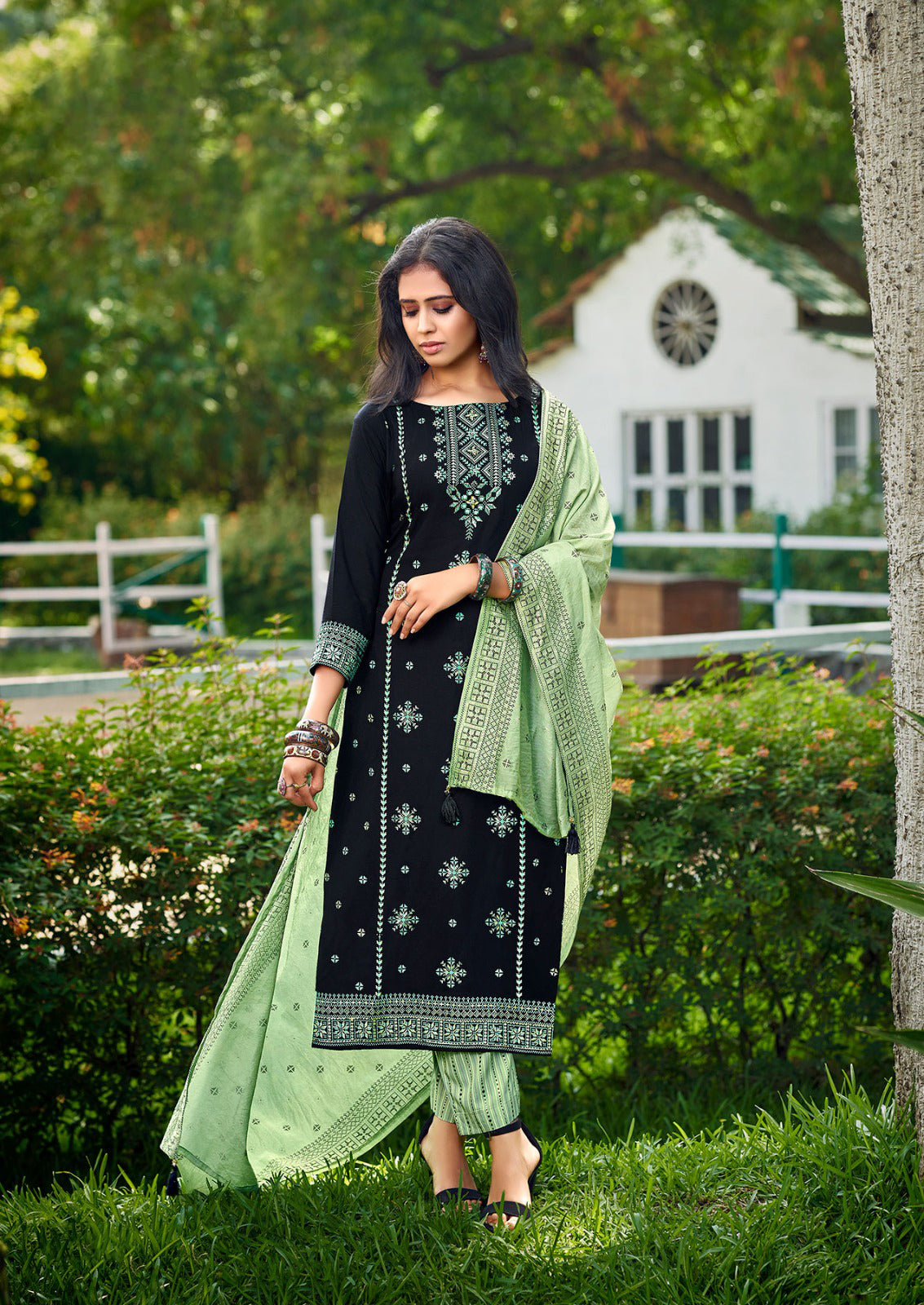 Dazzling Navy Blue Color Foil Prints With Embroidery Work Kurti Pants & Dupatta