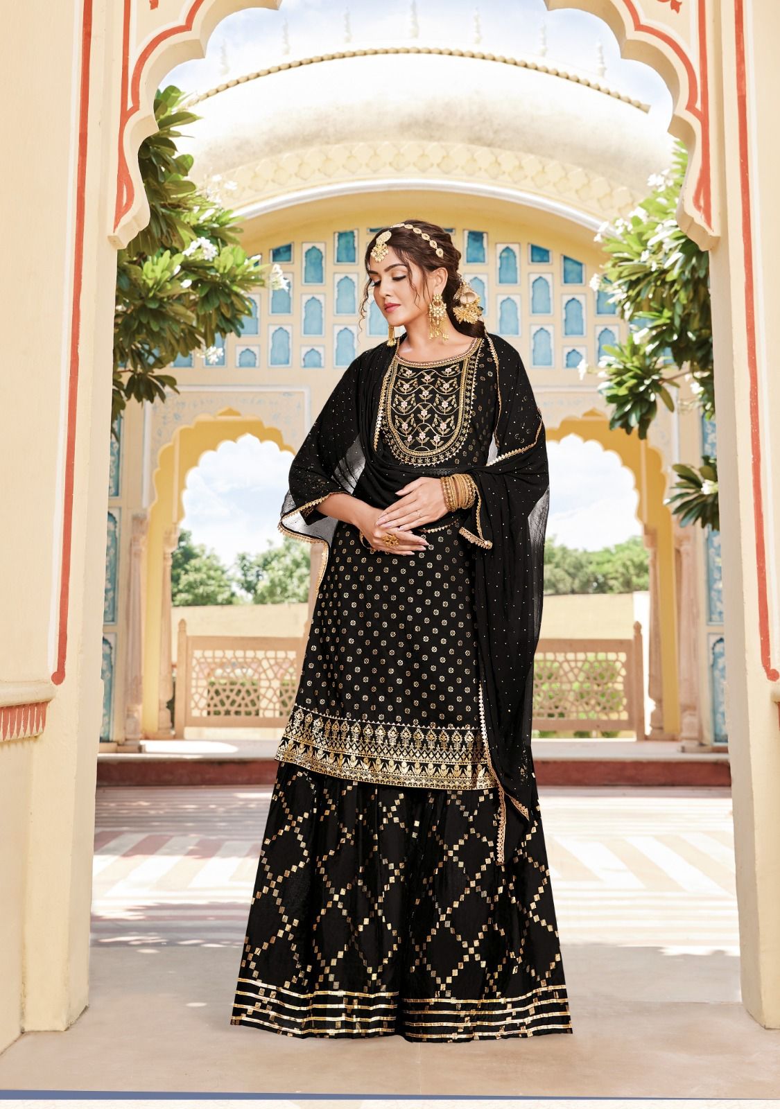 Dazzling Black Colored Chanderi Silk Kurti And Suits With Dupatta