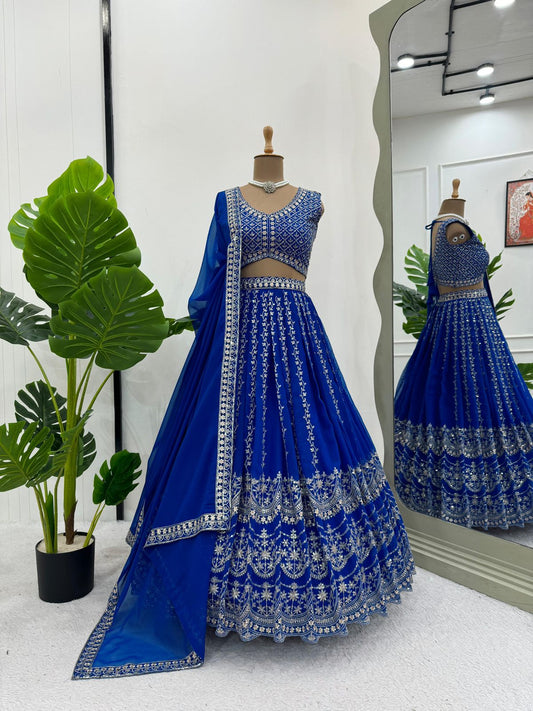 Alluring Blue Color Sequins With Thread Work Lehengas With Dupatta Set