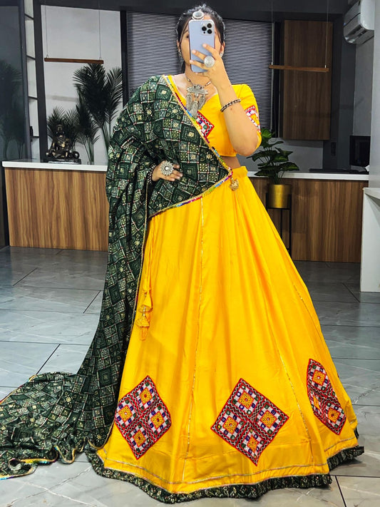 Dazzling Yellow Colored Heavy Rayon Cotton Chaniya Lehenga Choli With Dupatta Sets For Women