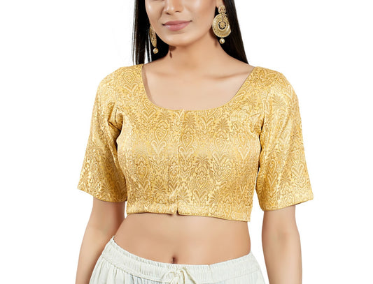 Attractive Light Gold Colored Brocade Elbow Sleeves Readymade Blouse For Women