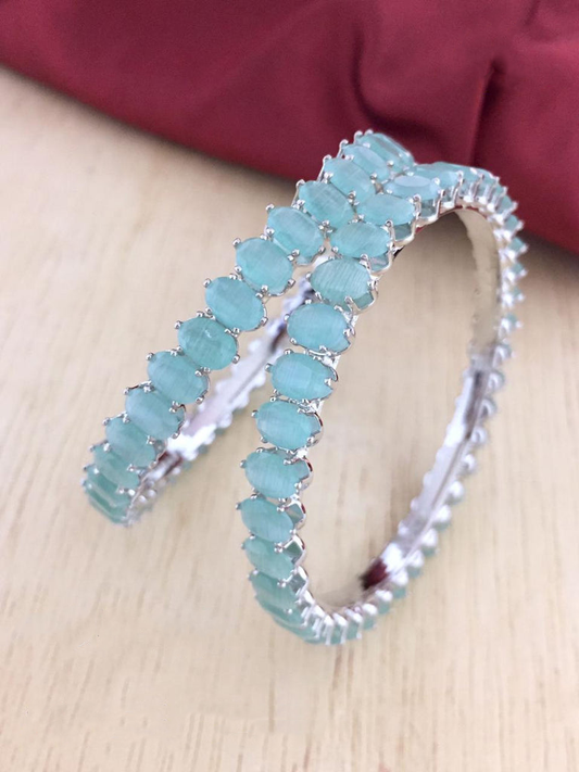 Silver Plated Teal American Diamond Bangles Set