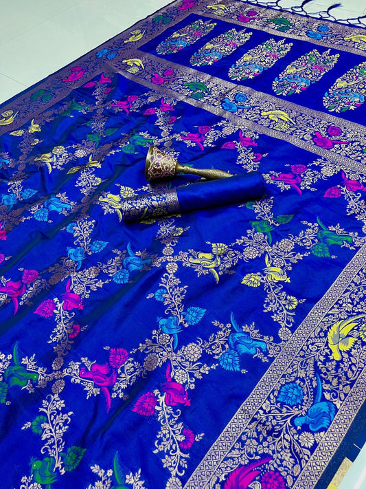 Attractive Royal Blue Color Meenakari Work Silk Saree With Rich Palliu