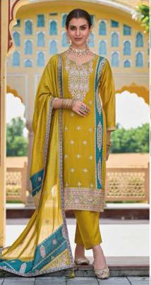 Gorgeous Premium Silk Mustard Yellow Colored Embroidery Work Salwar Suits With Fancy Dupatta