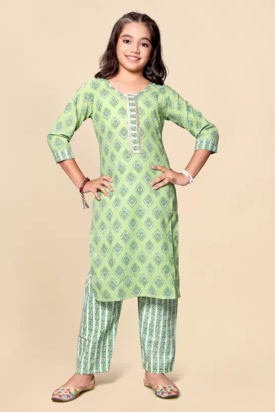 Charming Light Green  Colored Cotton Kurti Suits For Girls