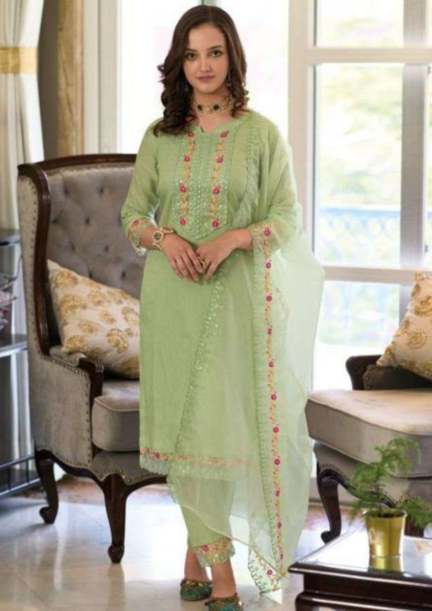 Alluring Green Color Cotton Embroidery Kurti & Pant With Dupatta