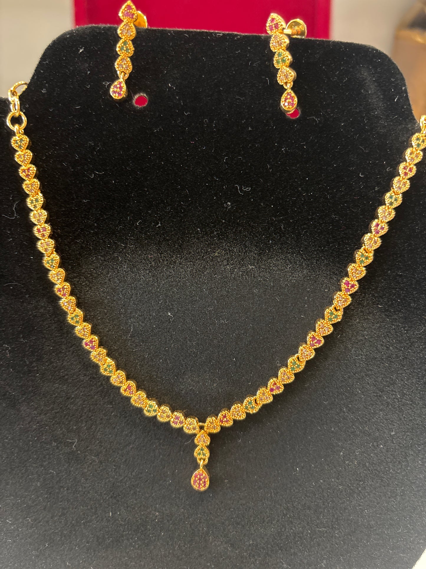 Elegant Red,Green and White Stones Studded Gold Plated Necklace With Earrings Set