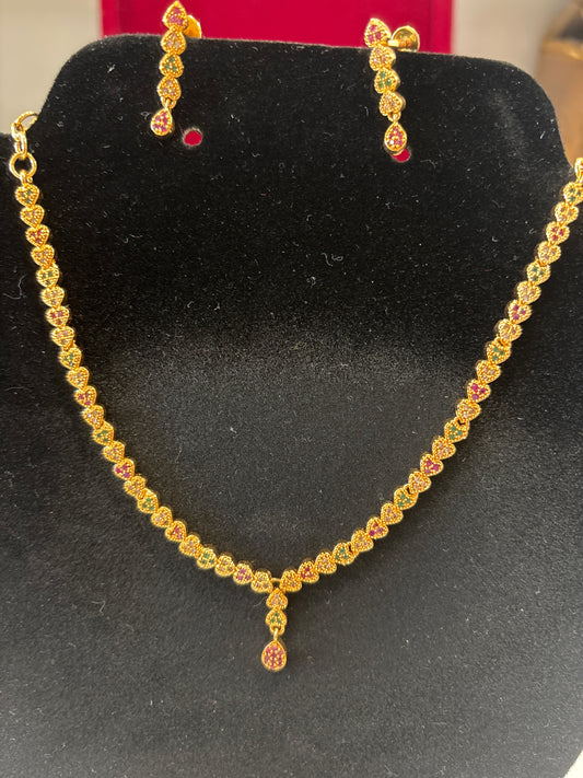 Elegant Red,Green and White Stones Gold Plated Necklace With Earrings Set