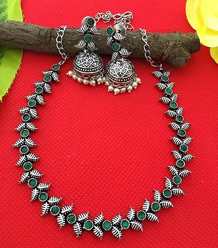 Lovely Green Stone Beaded Leaf Designed German Silver Plated Oxidized Necklace Set With Earrings