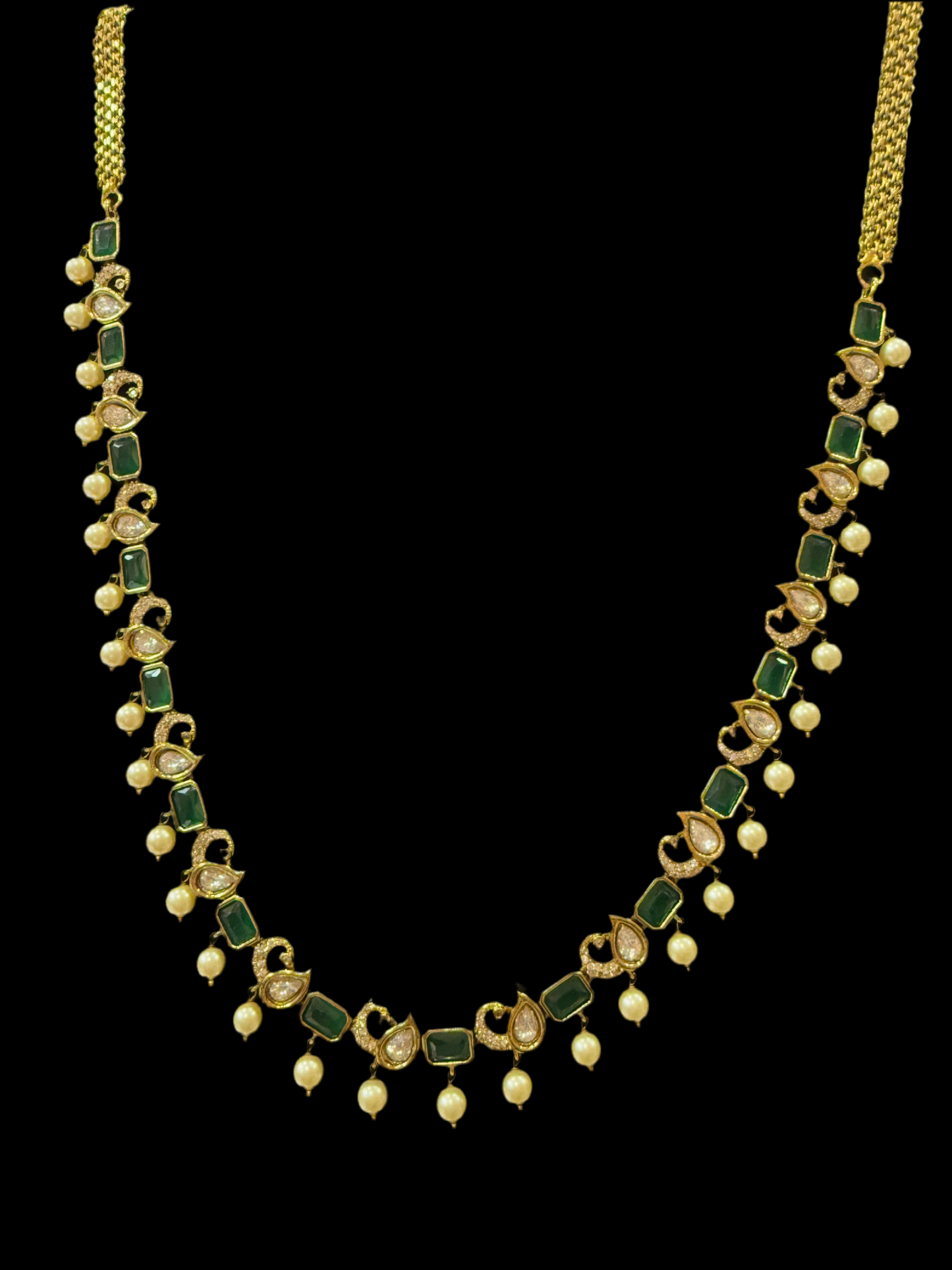 Alluring Gold Plated Green Stoned And White Beaded Long Chain
