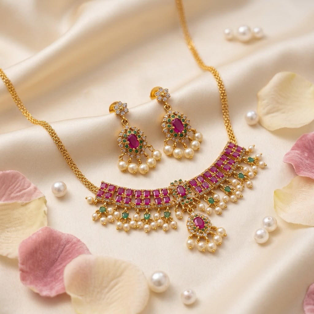Traditional Gold Plated Pink And Green Color Stones Choker Set With Pearls
