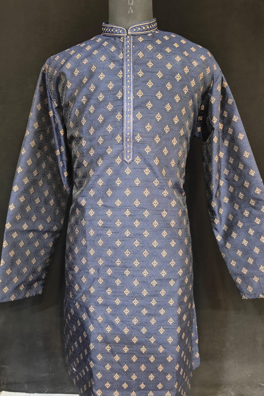 Beautiful Blue Color Silk Brocade Designer Kurta Pajama For Men