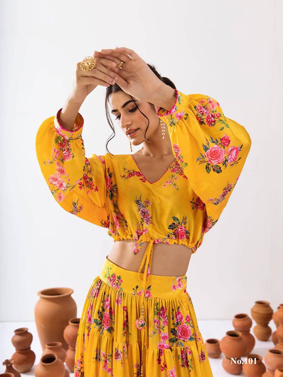 Beautiful Yellow Color Floral Printed Tier Lehenga With Crop Top