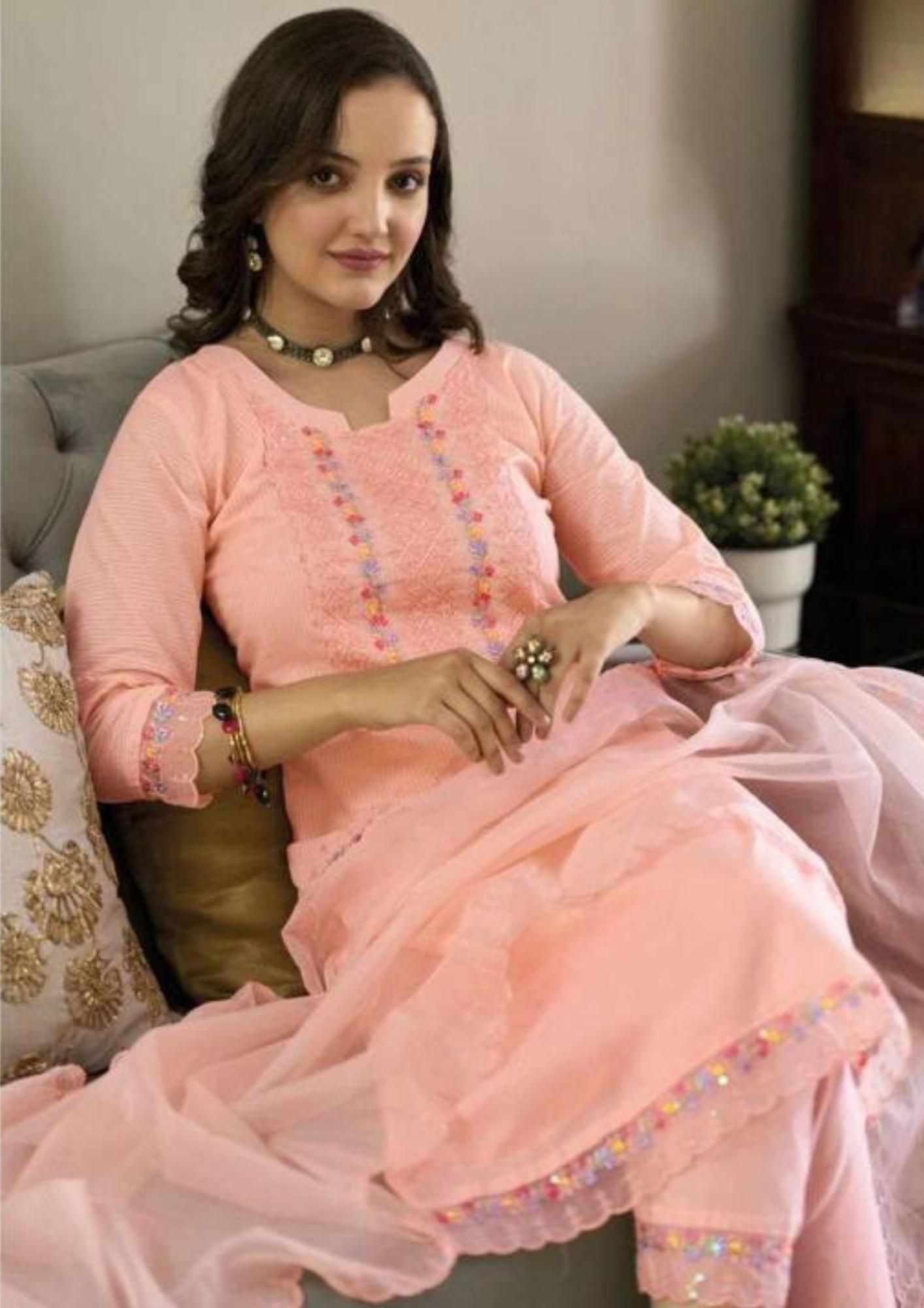 Charming  Peach Colored Cotton Embroidery Work Kurti & Pant With Dupatta In USA