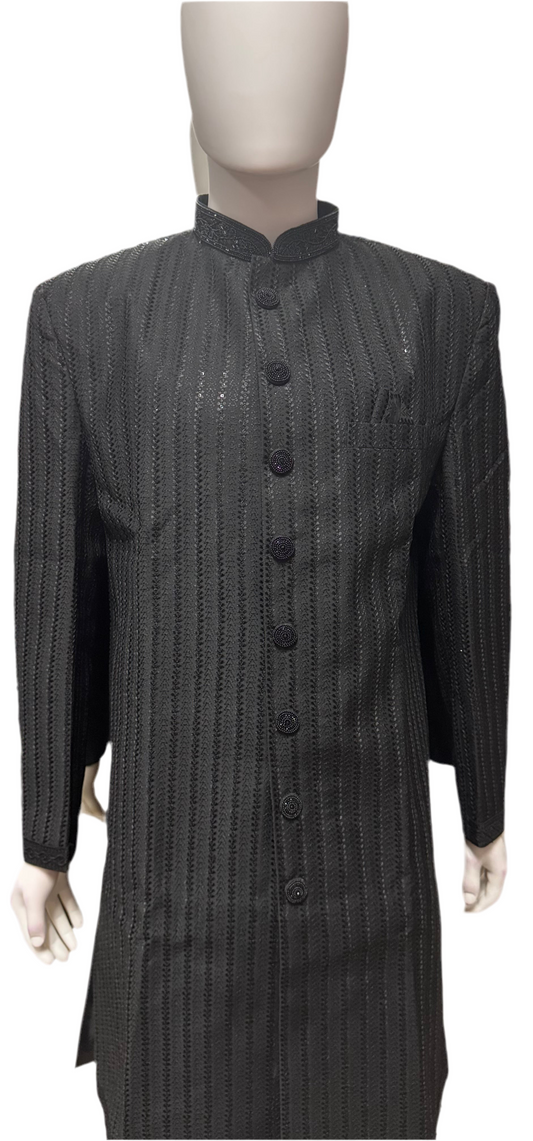 Premium Designer Vivaah Hand Embroidery Silk Sherwani Suit For Men - Black