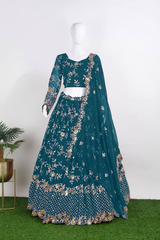 Beautiful Blue Color Designer Georgette Sequins Embroidered Lehenga Choli With Fancy Net Dupatta
