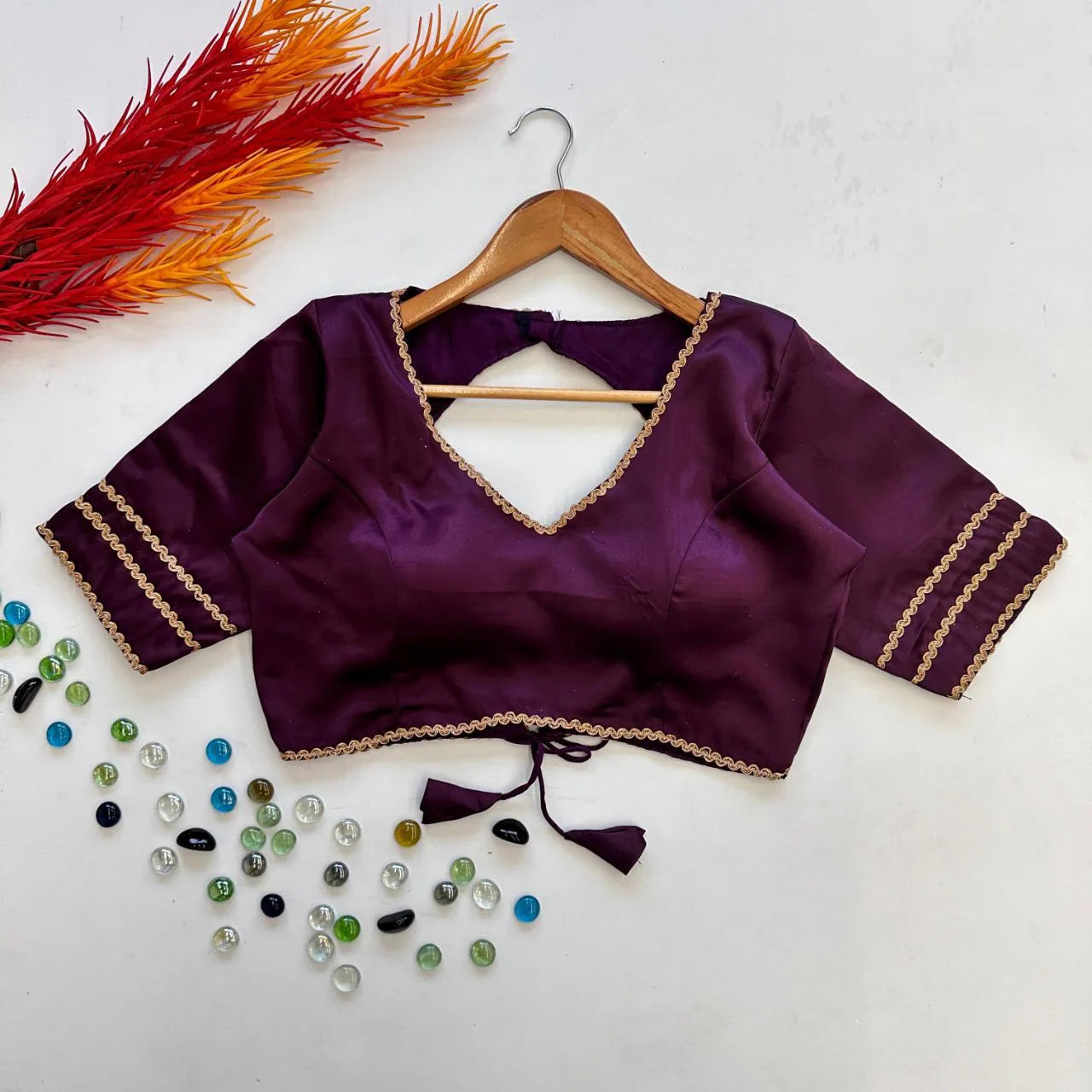 Appealing Purple Colored Manali Silk V Neck Readymade Blouse For Women