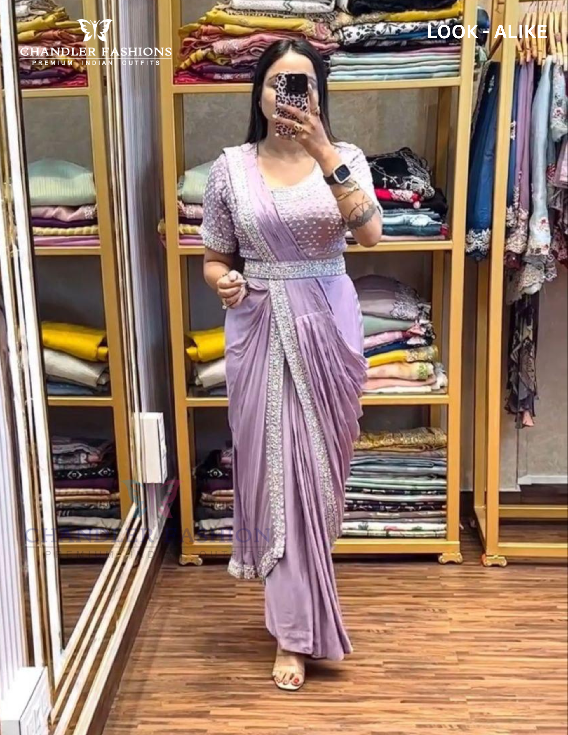 Stunning Lavender Color Ready To Wear Chinon Embroidery Saree For Women