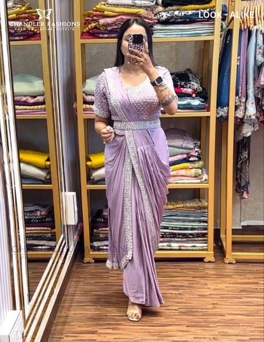 Stunning Lavender Color Ready To Wear Chinon Embroidery Saree For Women