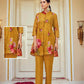 Elegant Mustard Yellow Tusser Silk Floral Design Kurti With Pant For Women