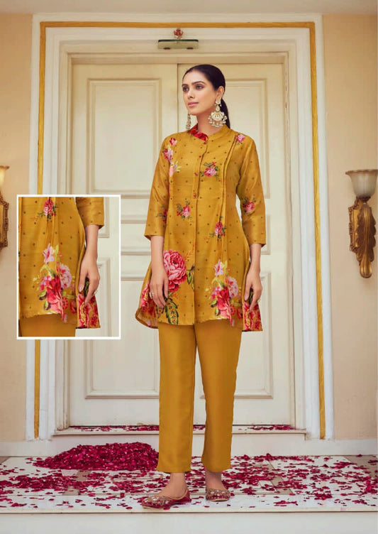 Elegant Mustard Yellow Tusser Silk Floral Design Kurti With Pant For Women