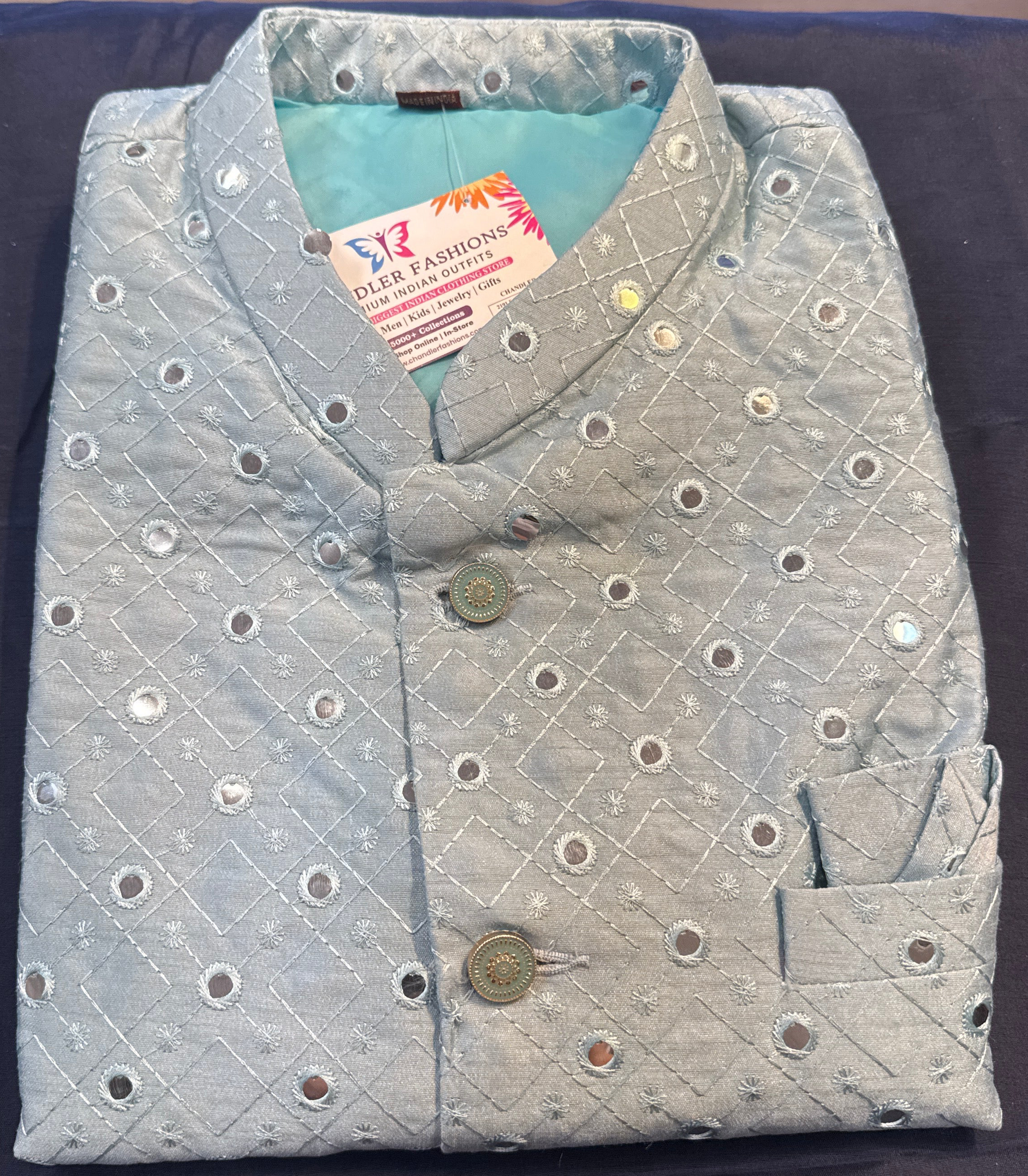 Light Blue Colored Mens Koti Jacket With Mirror Work Near Me