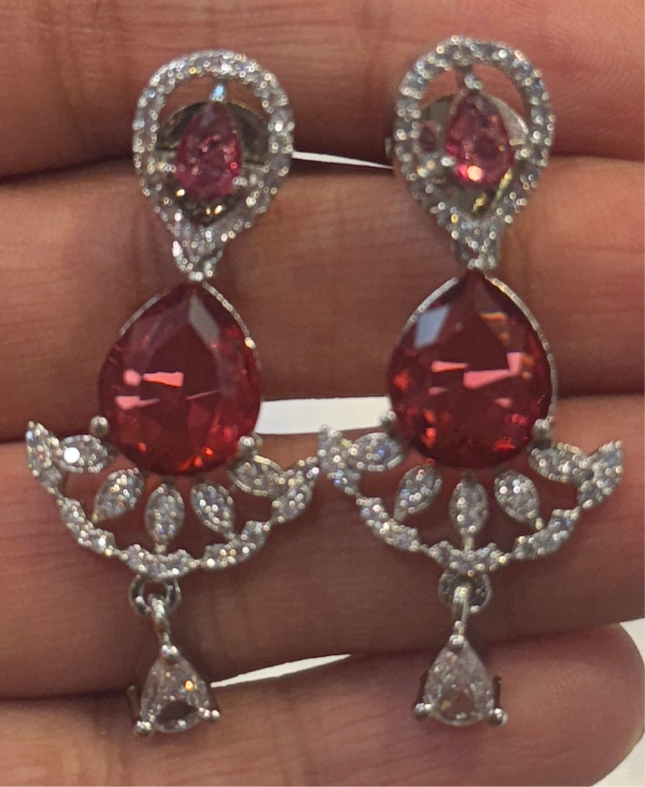 American Diamond White And Dark Pink Stones Necklace With Earrings Sets In USA
