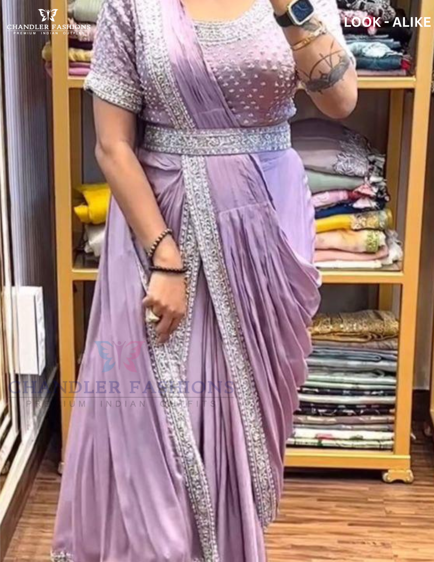 Lavender Color Ready To Wear Chinon Embroidery Saree Near Me