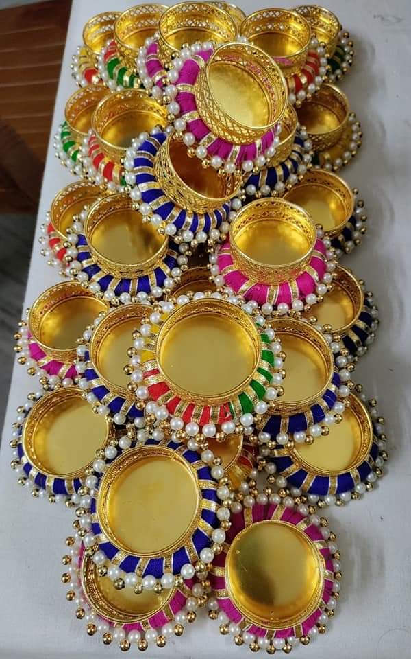 Traditional Decorative Diya Candle Holder With Multicolor Pearl Embellishments