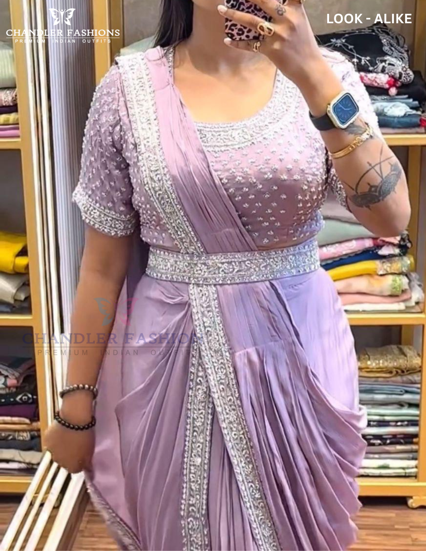 Lavender Color Ready To Wear Chinon Embroidery Saree In USA