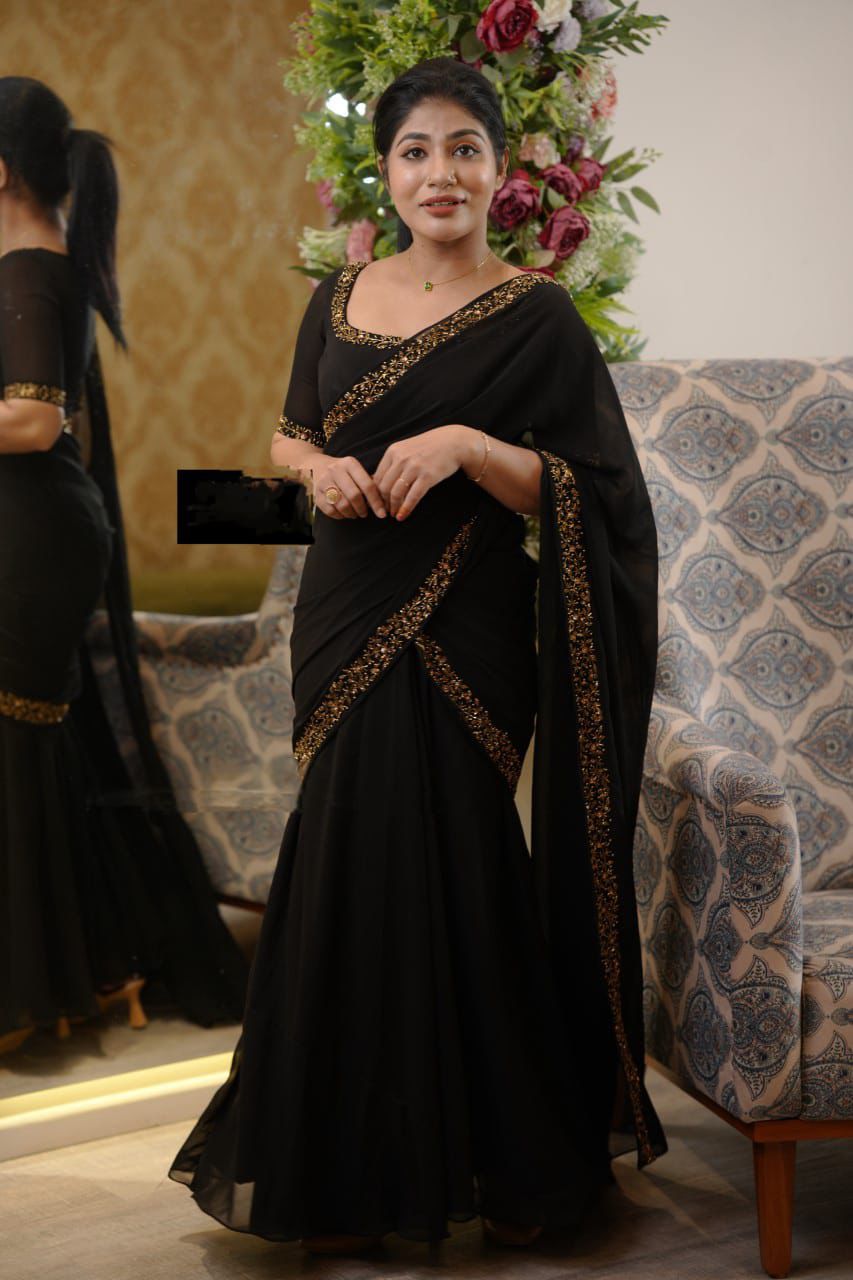 Elegant black Color Ready To Wear One Minute  Georgette Embroidery Gown Saree