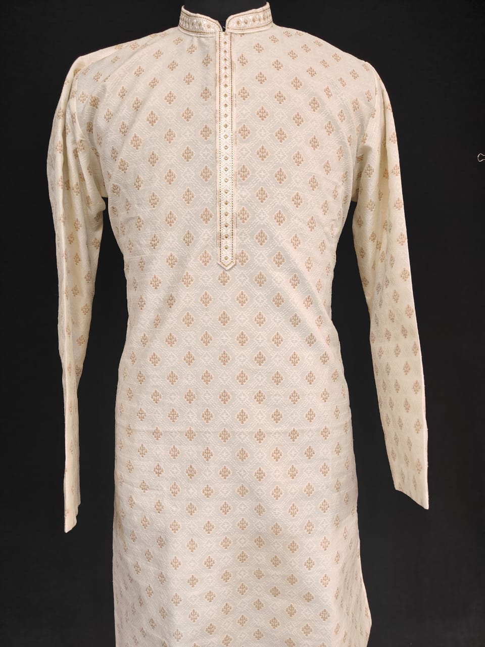 Charming Cream Color Silk Full Sleeve Embroidery Work Kurta Pajama Set For Men