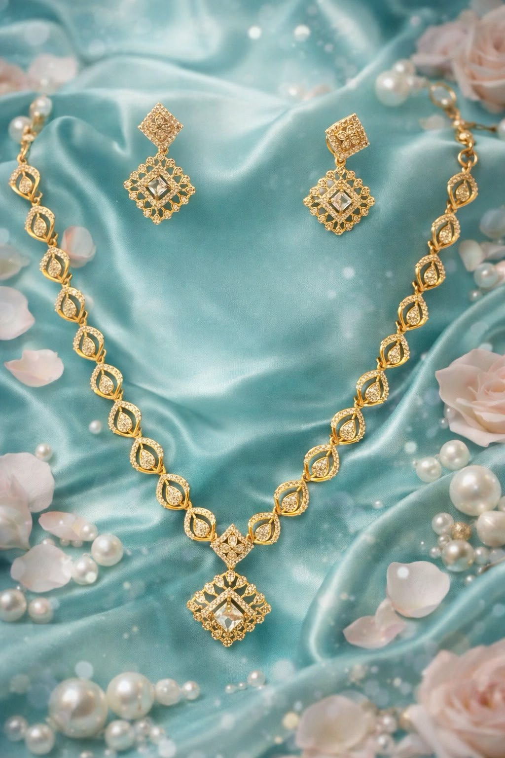 Gorgeous White Stones Gold Plated Necklace Set With Matching Earrings For Women