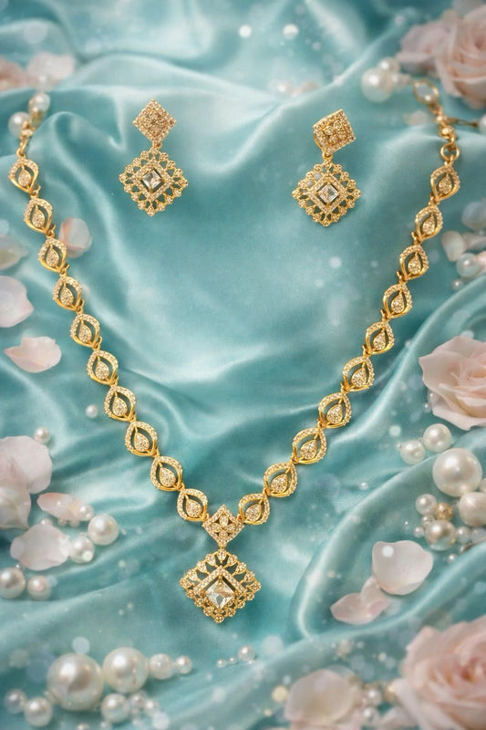 Gorgeous White Stones Gold Plated Necklace Set With Matching Earrings For Women