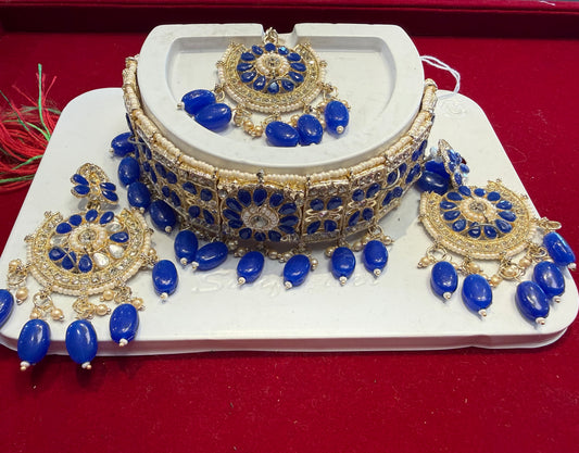 Wonderful White And Blue Stones And Beads Gold Plated Choker With Maang Tikka And Earrings