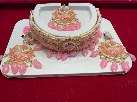 Pretty Pink And White Stones And Beads Gold Plated Choker With Maang Tikka And Earrings