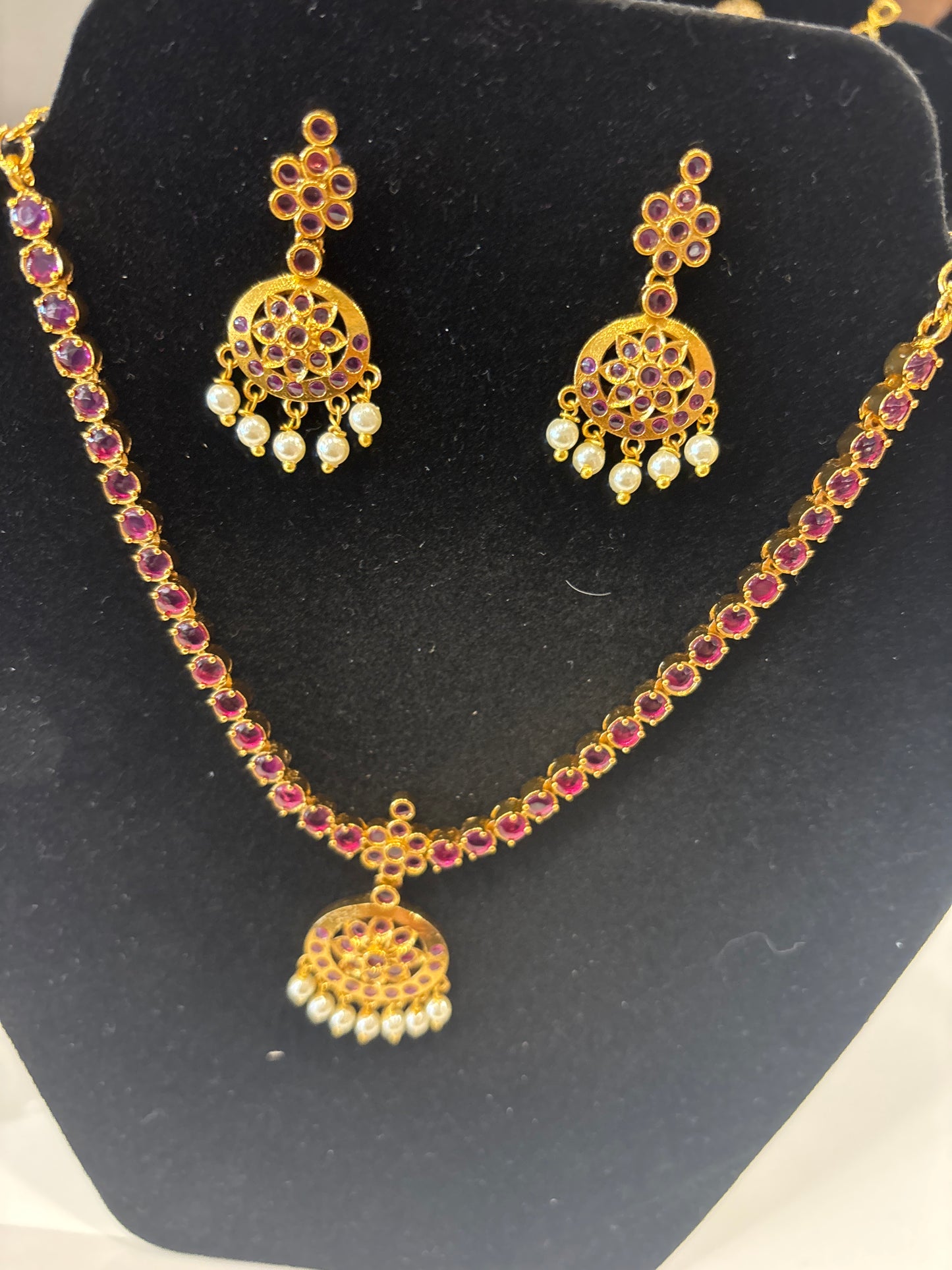 Traditional Red  Stones And White Pearls Hanging Gold Plated Necklace With Earrings Set