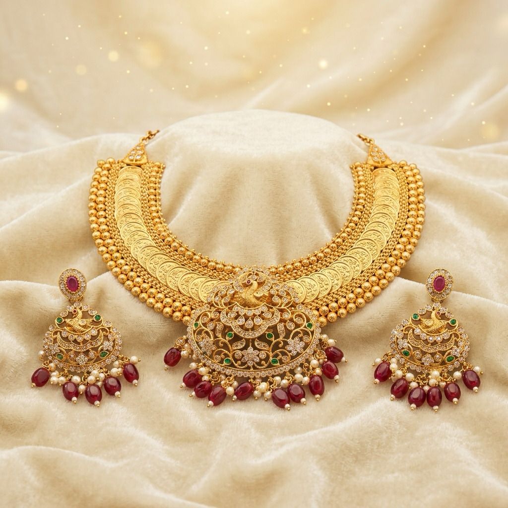 Amazing Gold Plated Necklace With Earrings and Red Pearls