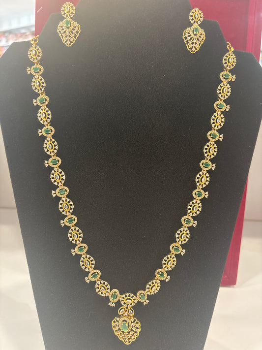 Royal Emerald Green And White Stones Gold Plated Long Necklace With Earrings Set