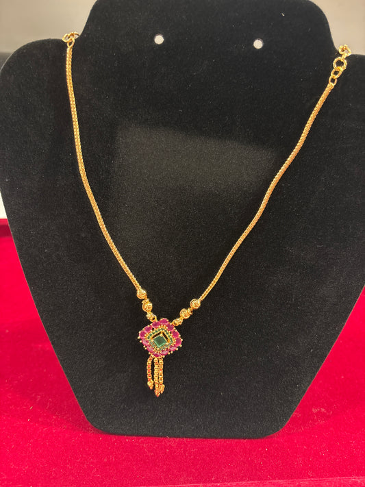 Attractive Ruby Pink And Eamrald Green Gold Plated Necklace For Women