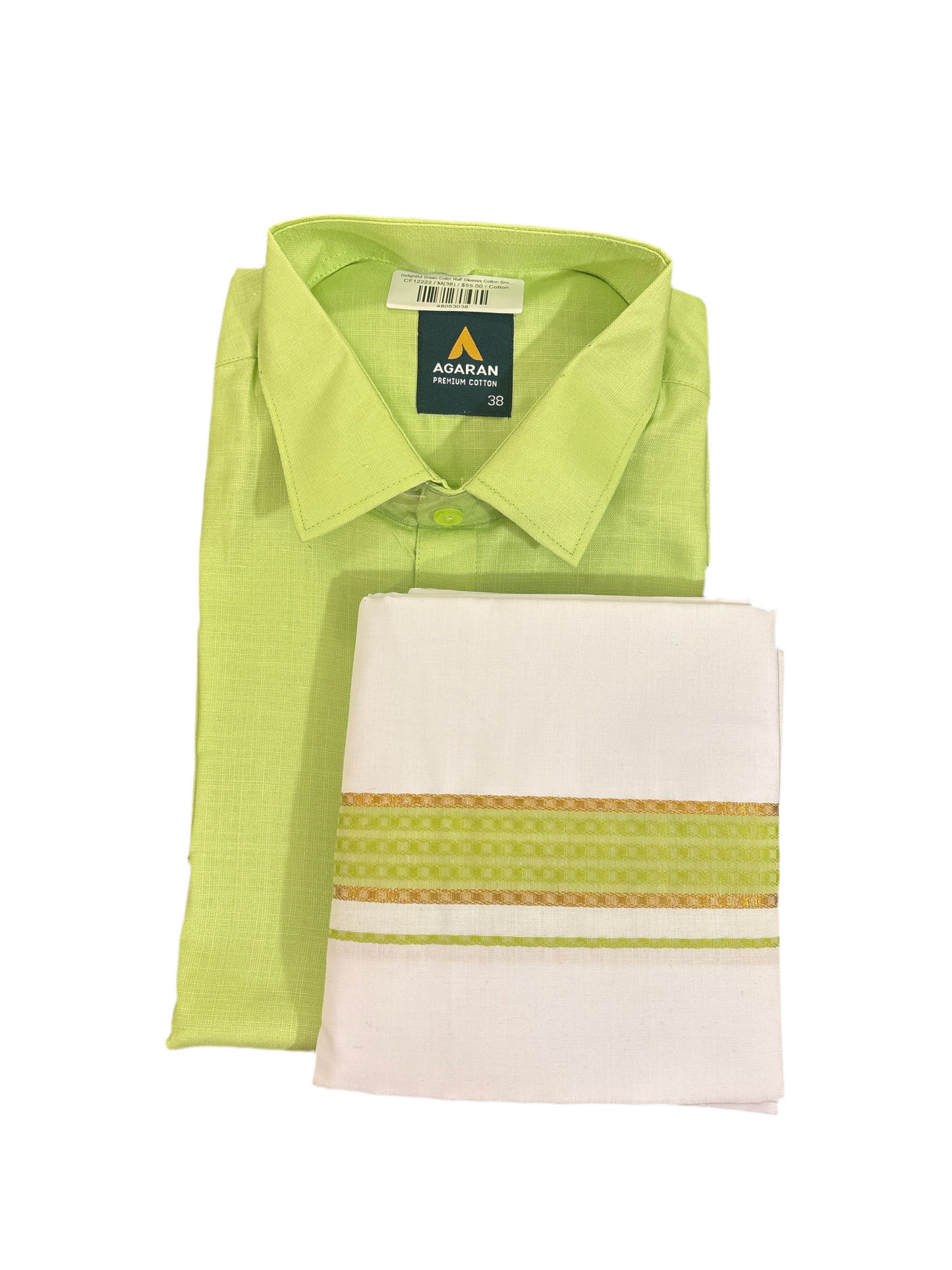 Delightful Green Color Half Sleeves Cotton Shirt With Matching Border Dhoti Set