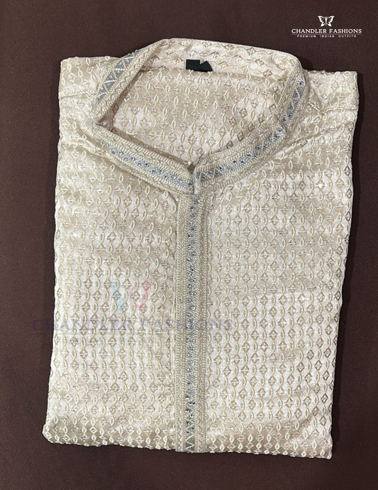 Stunning Cream Color Raw Silk With Embroidery And Sequins Work Kurta Suits For Men